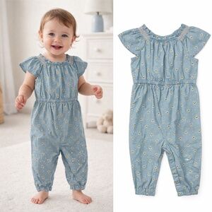Emma’s Garden Organic Cotton Baby Girl Romper 12M Blue Floral Jumpsuit